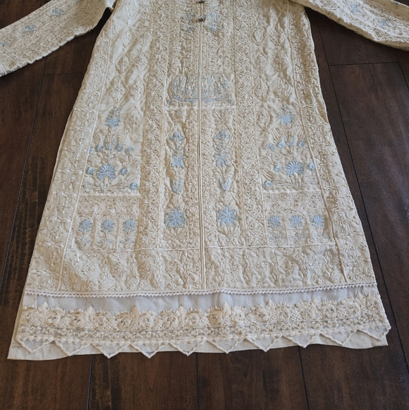 Embroidered Salwar Kameez Dupatta Long Scarf Beige Gold Organza Party Wear Dress - Picture 9 of 14